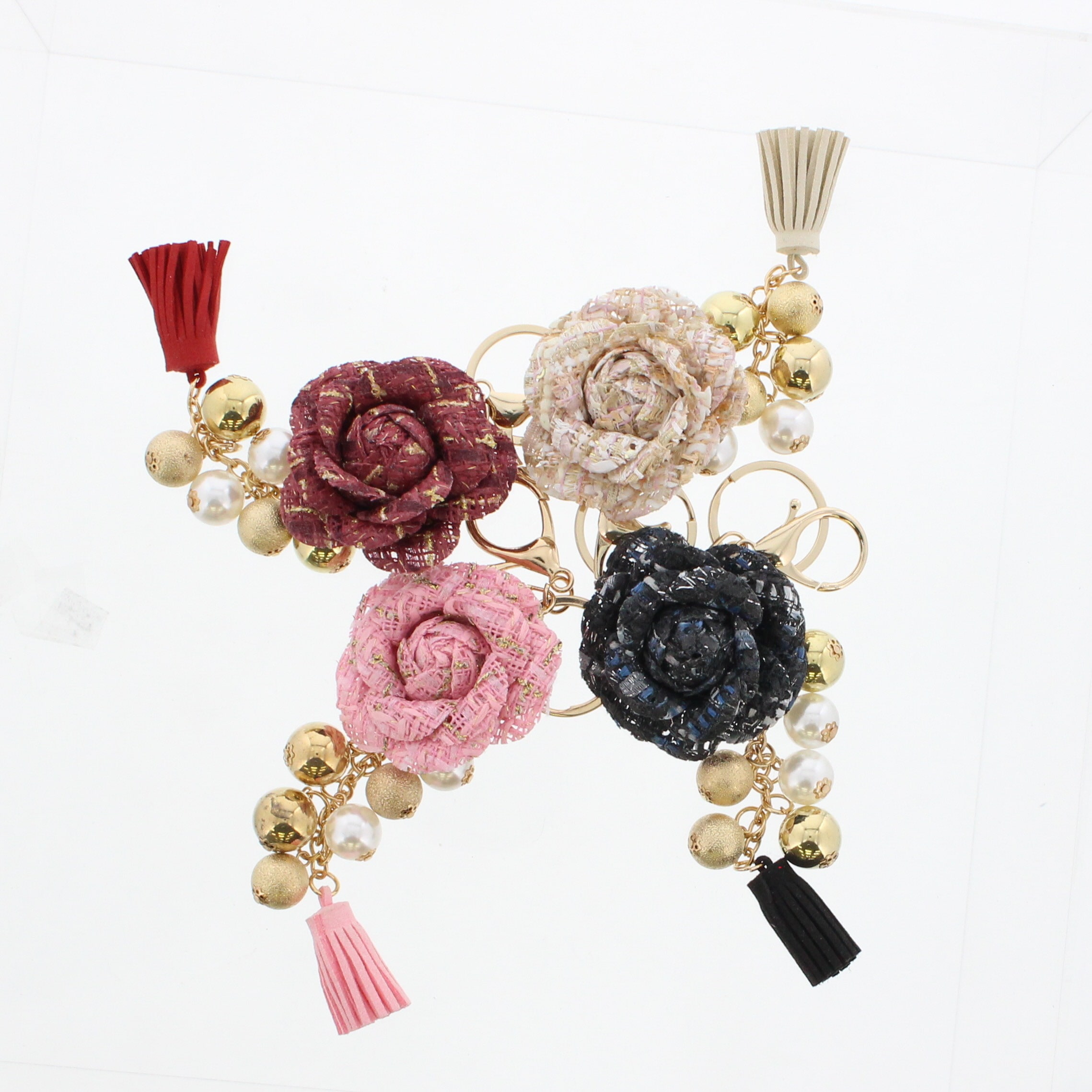 ツイードフラワーパールタッセルチャーム