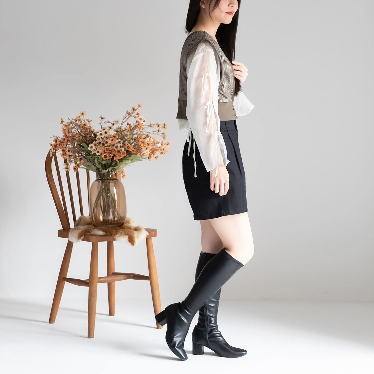 スクエアトゥロングストレッチブーツ