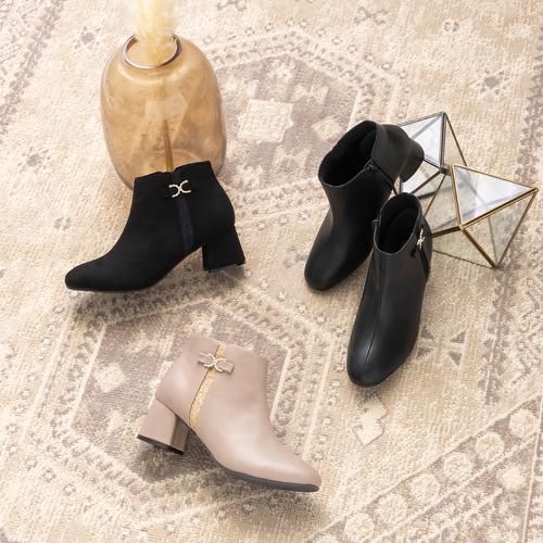 サイド切り替えビジューリボンショートブーツ