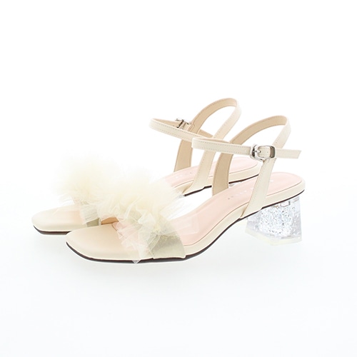 チュールフリルラメクリアヒールストラップサンダル