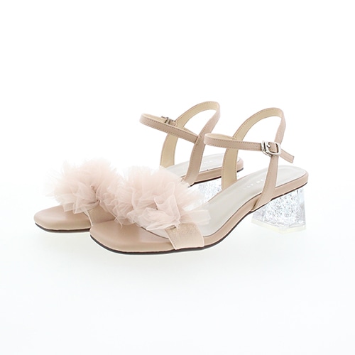 チュールフリルラメクリアヒールストラップサンダル