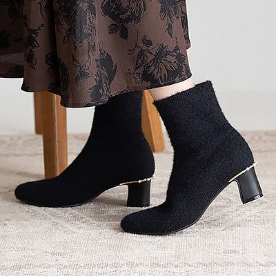 モヘア調ニットパールヒールキャップショートブーツ/204-42982